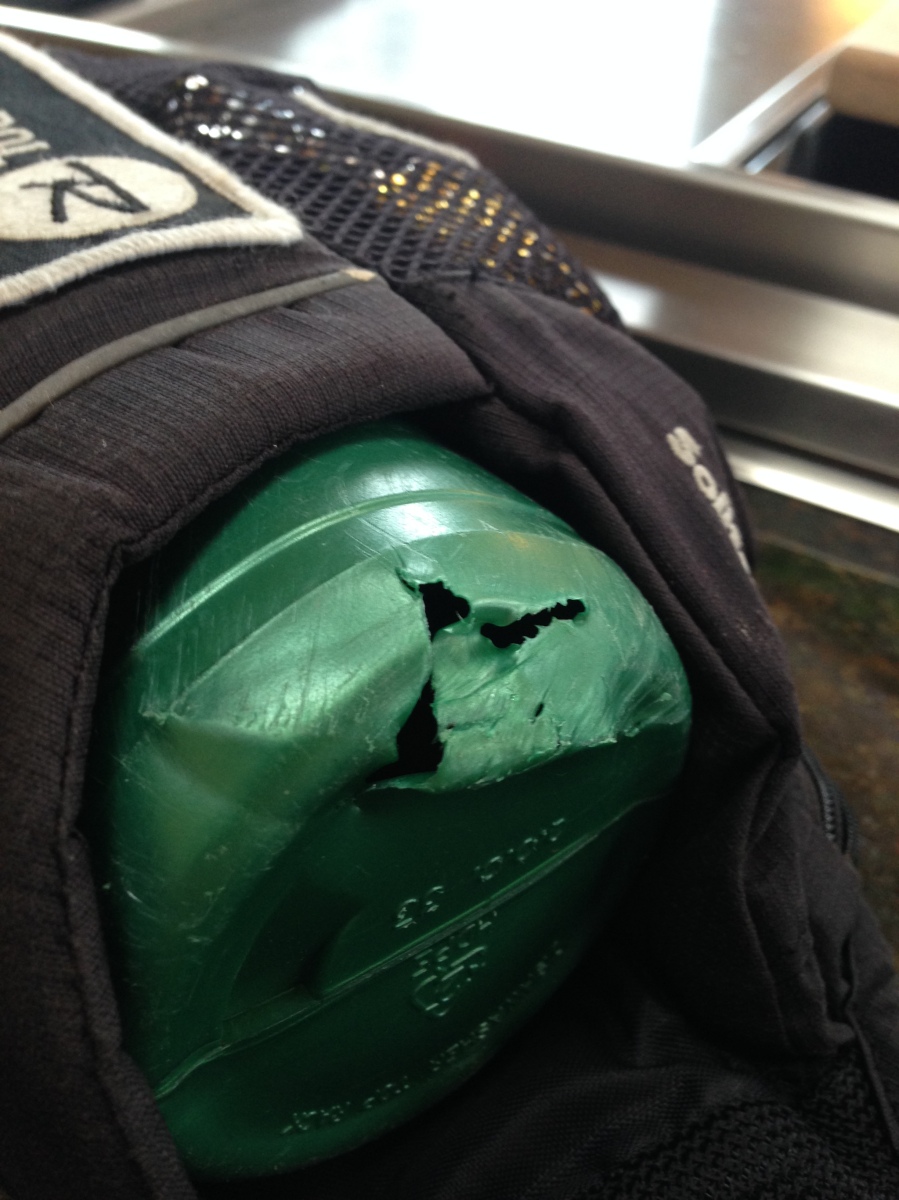 My water bottle belt took some hits on the way down, and a rock puntured the water bottle.